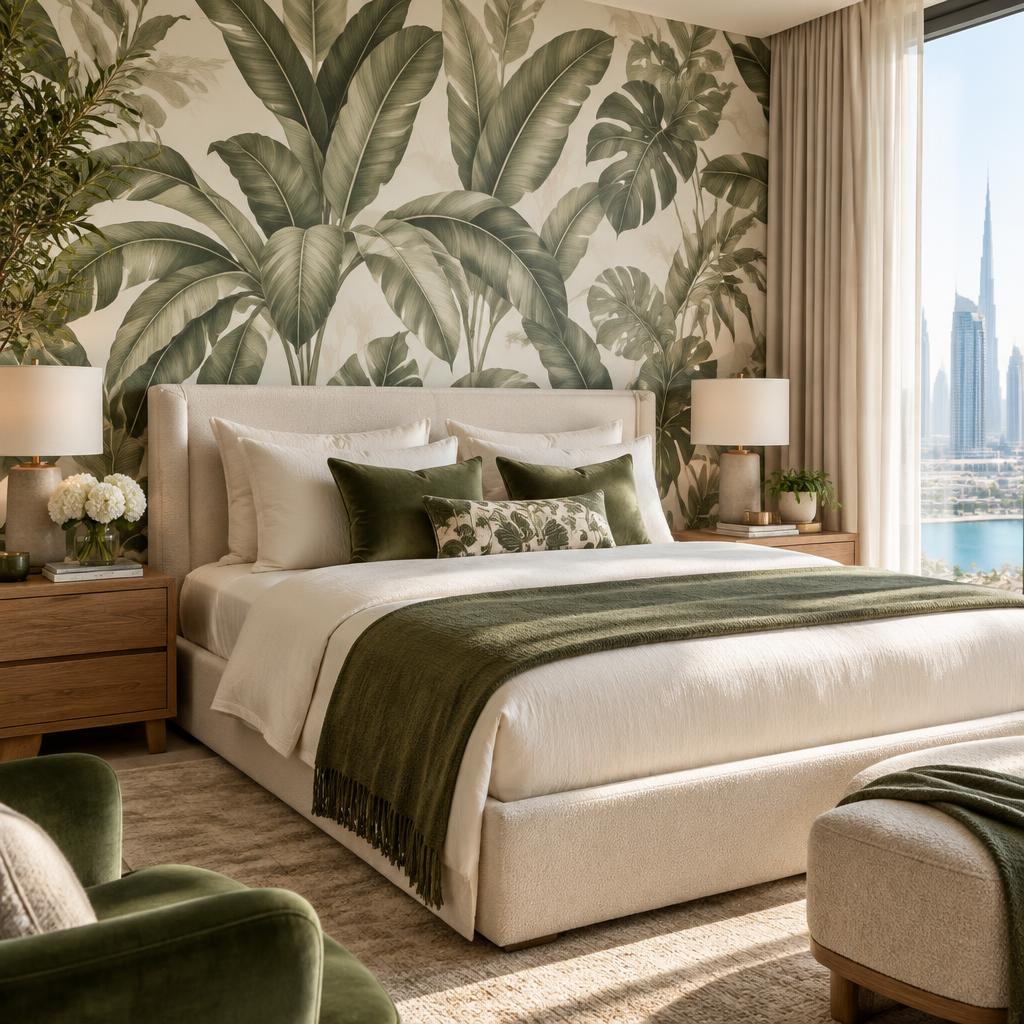 Botanical wallpaper feature wall in a Dubai bedroom interior