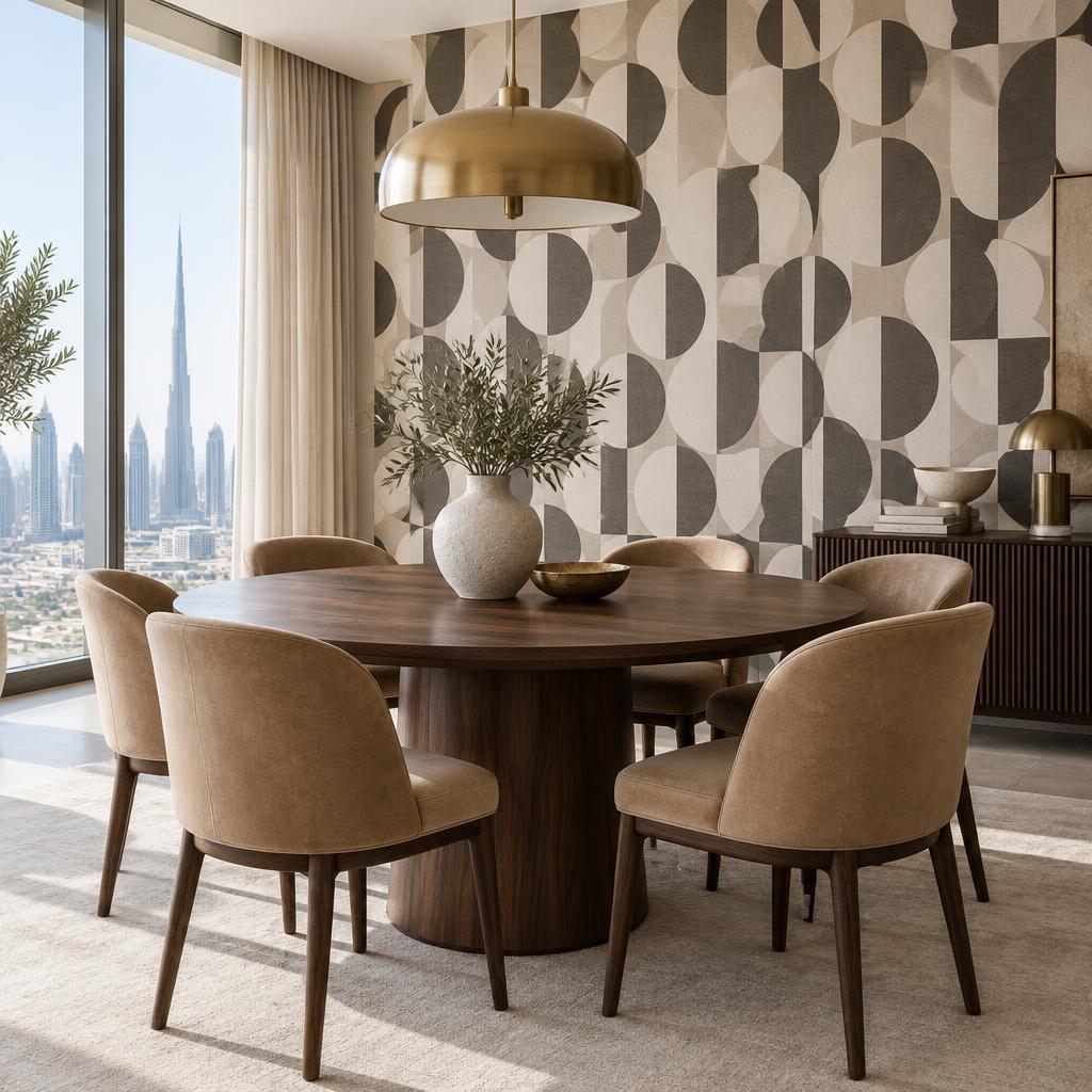 Geometric wallpaper inspiration in a contemporary dining space